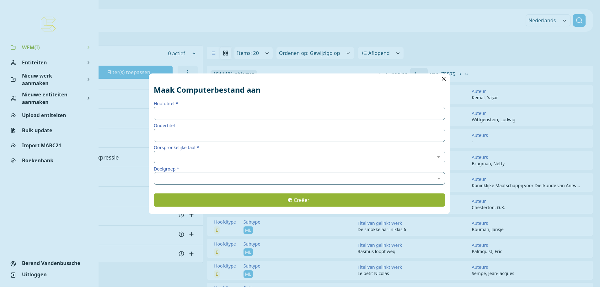 Het invoerscherm voor een nieuw Werk