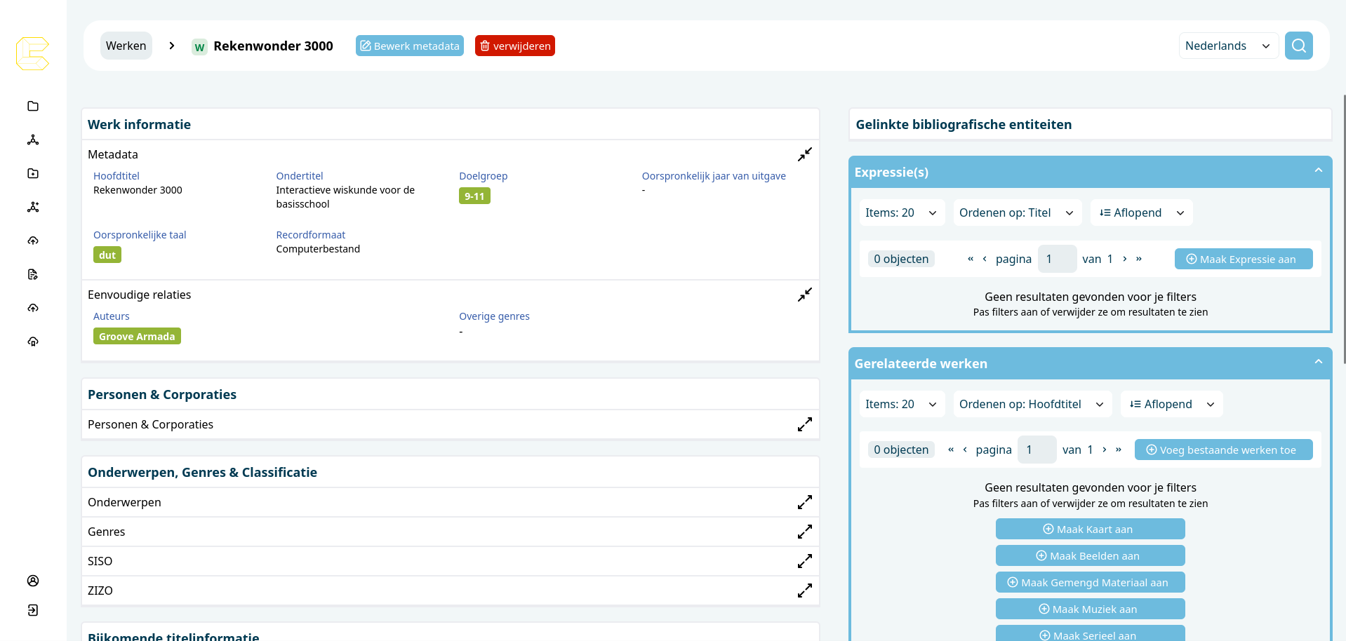 Het relatiepaneel van een Werk met gekoppelde auteur