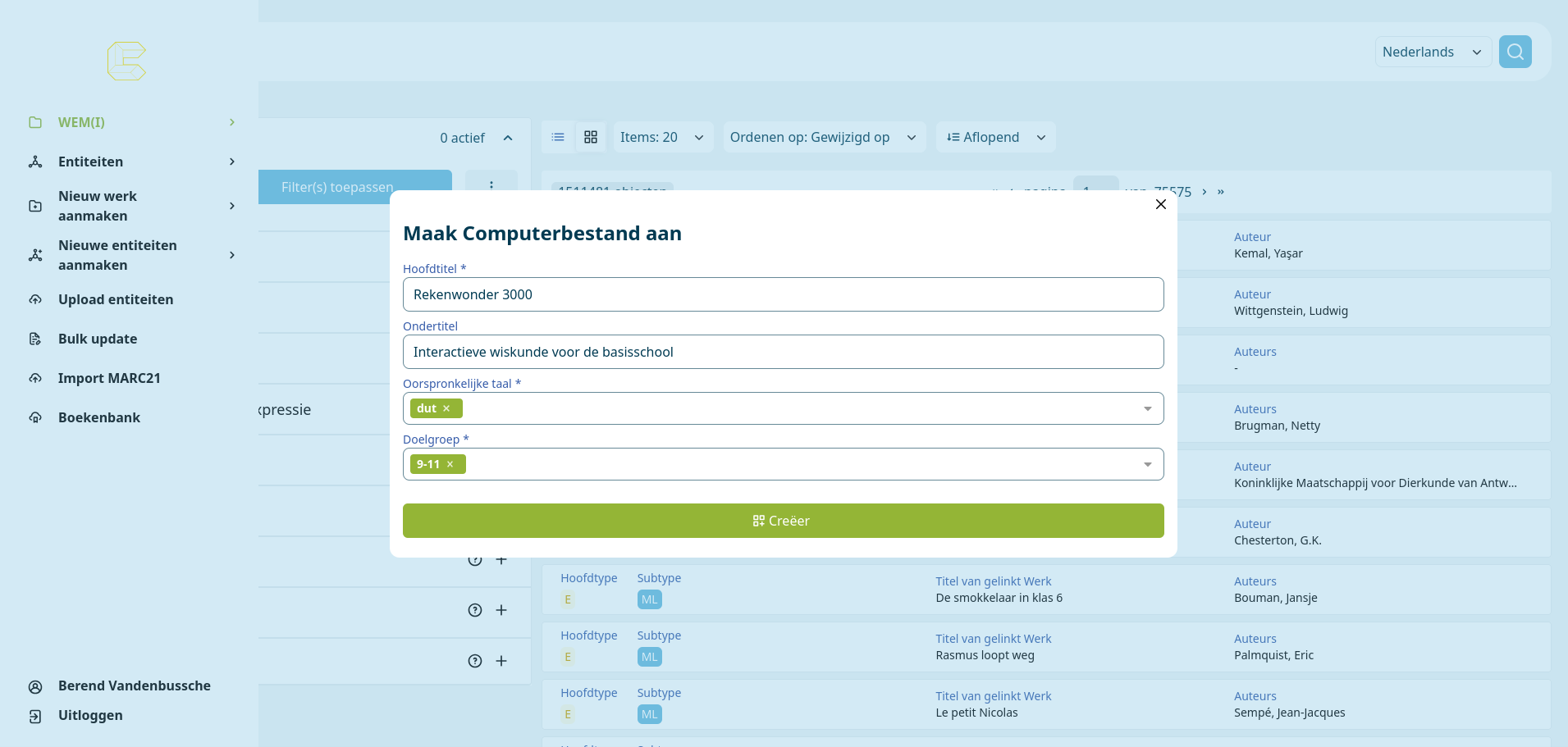 Een ingevuld Werk met titel, auteur en genre